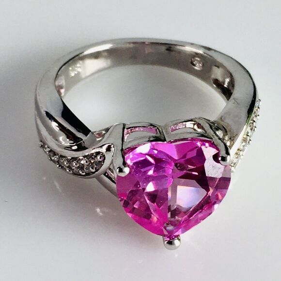 HN Heng Ngai Ring Breast Cancer Ribbon Pink Heart CZ Silver Vintage NICE 4410 - Picture 1 of 6